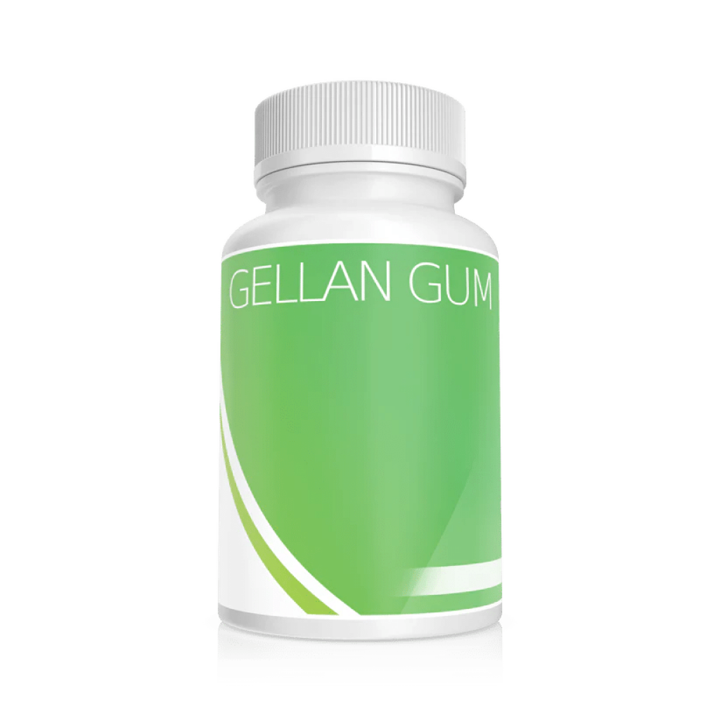 A white bottle with a green label that reads "Plant Cell Gellan Gum" on a plain light background.