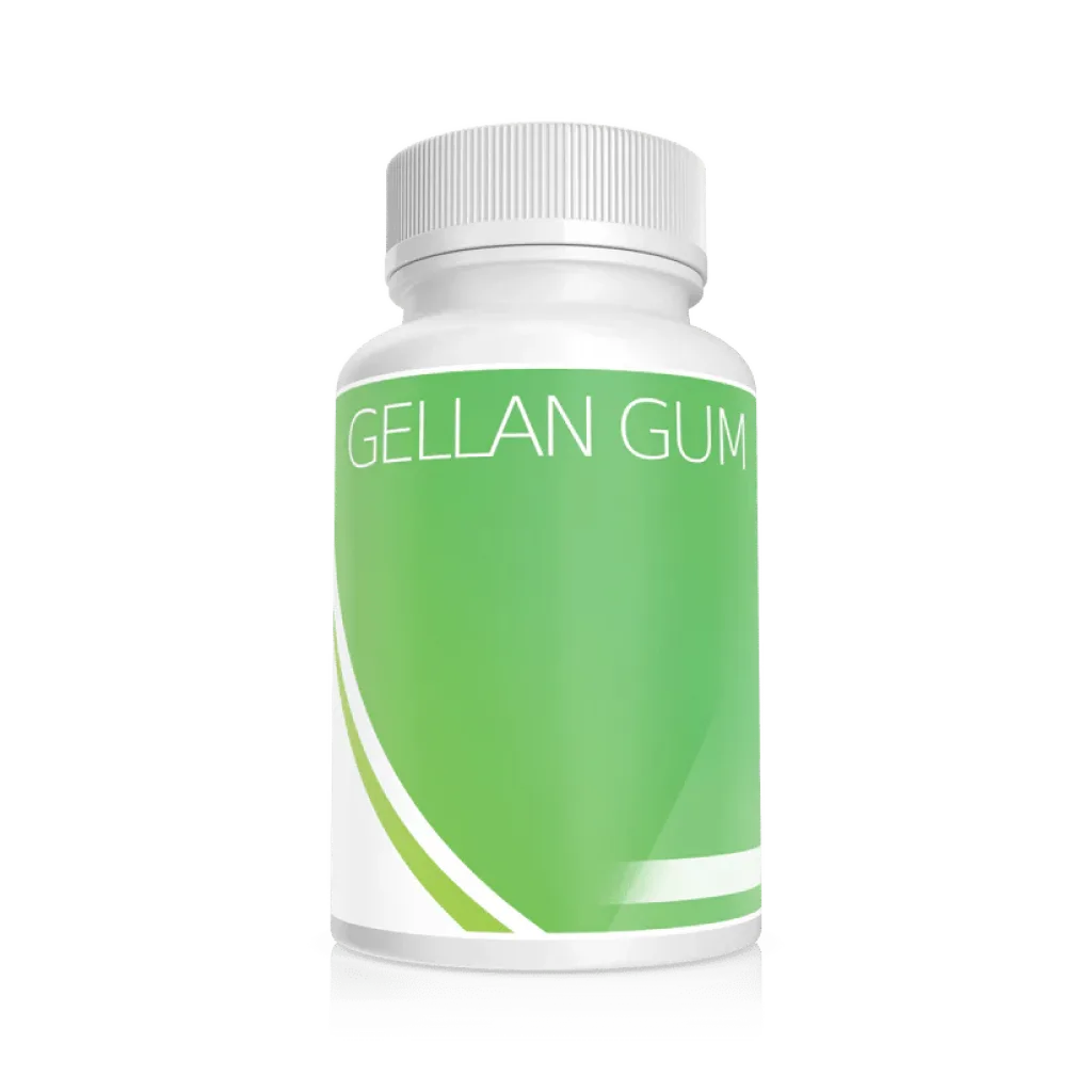 A white bottle with a green label that reads "Plant Cell Gellan Gum" on a plain light background.