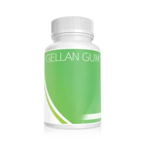 A white bottle with a green label that reads "Plant Cell Gellan Gum" on a plain light background.