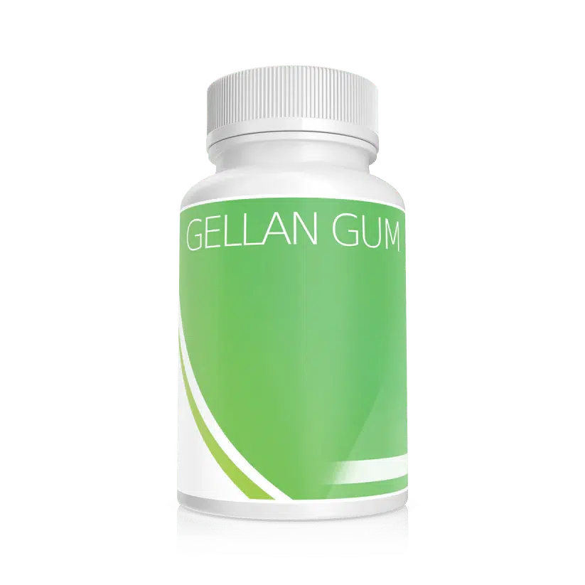 A white bottle with a green label that reads "Plant Cell Gellan Gum" on a plain light background.