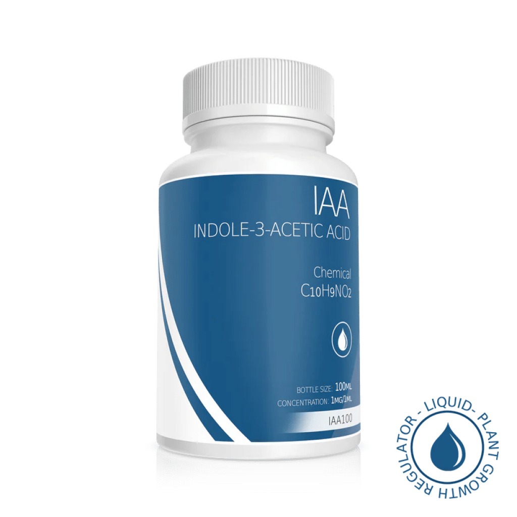 A white bottle labelled Plant Cell Indole-3-Acetic Acid (IAA) Solution, 100ml, 1mg/1ml, with blue accents and a plant growth regulator seal.