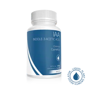 A white bottle labelled Plant Cell Indole-3-Acetic Acid (IAA) Solution, 100ml, 1mg/1ml, with blue accents and a plant growth regulator seal.