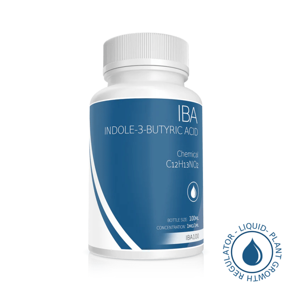 A white and blue bottle labelled Plant Cell Indole-3-Butyric Acid (IBA) Solution, 100ml, 1mg/1ml, featuring a plant growth regulator symbol.