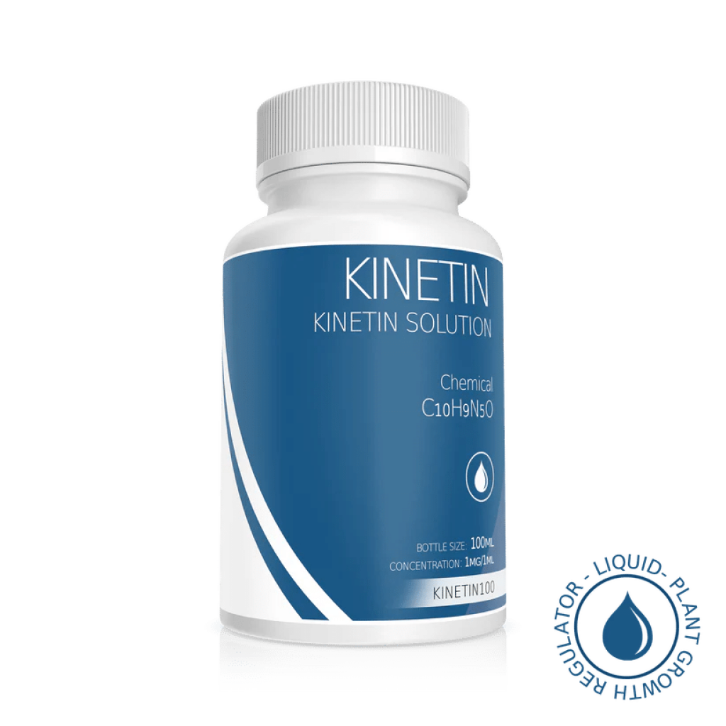 White bottle labelled "Plant Cell Kinetin Solution | 100ml | 1mg/1ml" with blue accents, used as a liquid plant growth regulator.
