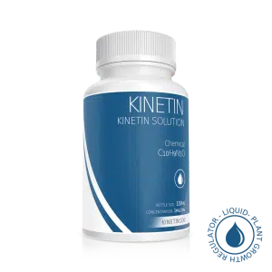 White bottle labelled "Plant Cell Kinetin Solution | 100ml | 1mg/1ml" with blue accents, used as a liquid plant growth regulator.