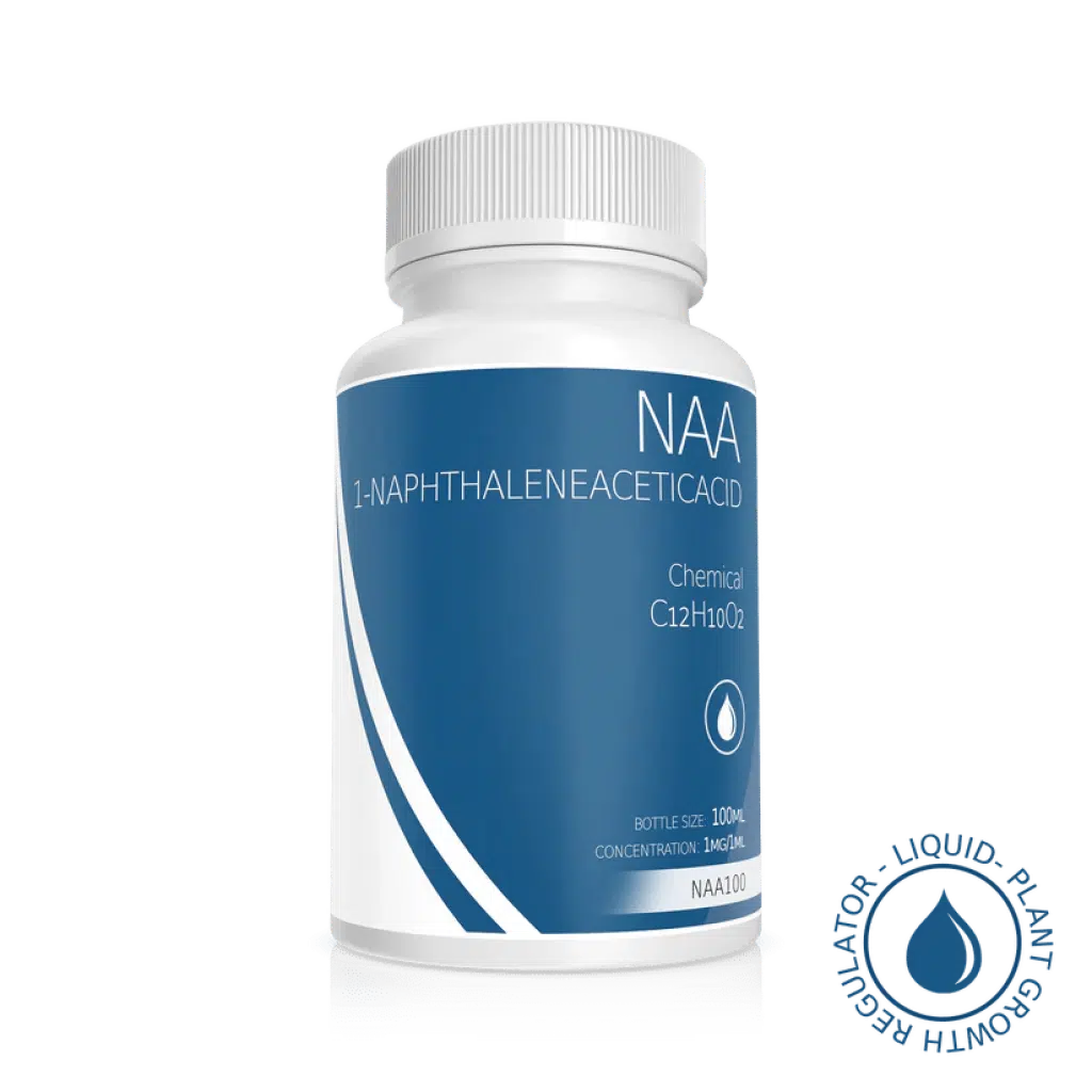 White bottle labelled Plant Cell Naphthaleneacetic Acid (NAA) Solution 100ml 1mg/1ml with blue accents and a growth regulator symbol.