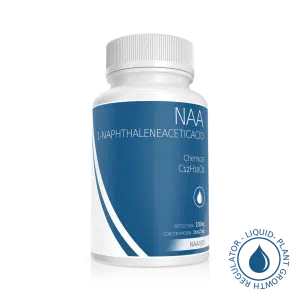 White bottle labelled Plant Cell Naphthaleneacetic Acid (NAA) Solution 100ml 1mg/1ml with blue accents and a growth regulator symbol.