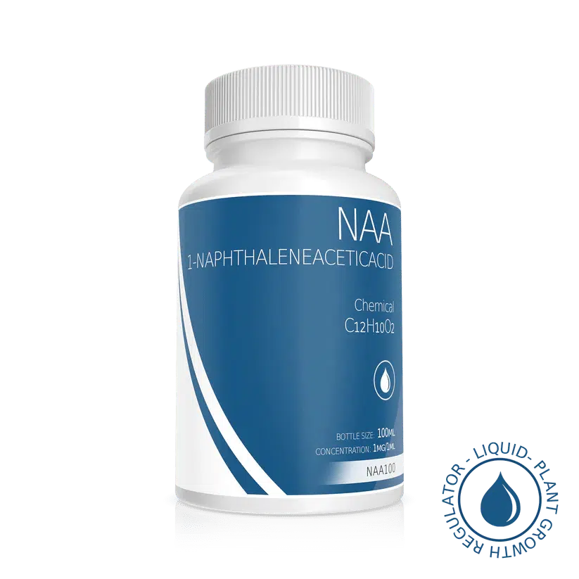 Plant Cell Naphthaleneacetic Acid (NAA) Solution |100ml | 1mg/1ml 1 White bottle labelled Plant Cell Naphthaleneacetic Acid (NAA) Solution 100ml 1mg/1ml with blue accents and a growth regulator symbol.