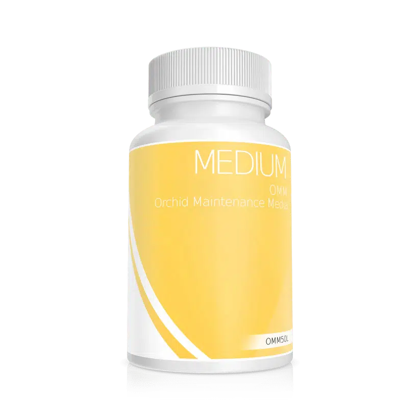 Plant Cell Orchid Maintenance Media 1 A white bottle labelled Plant Cell Orchid Maintenance Media features a yellow and white design on a plain background.