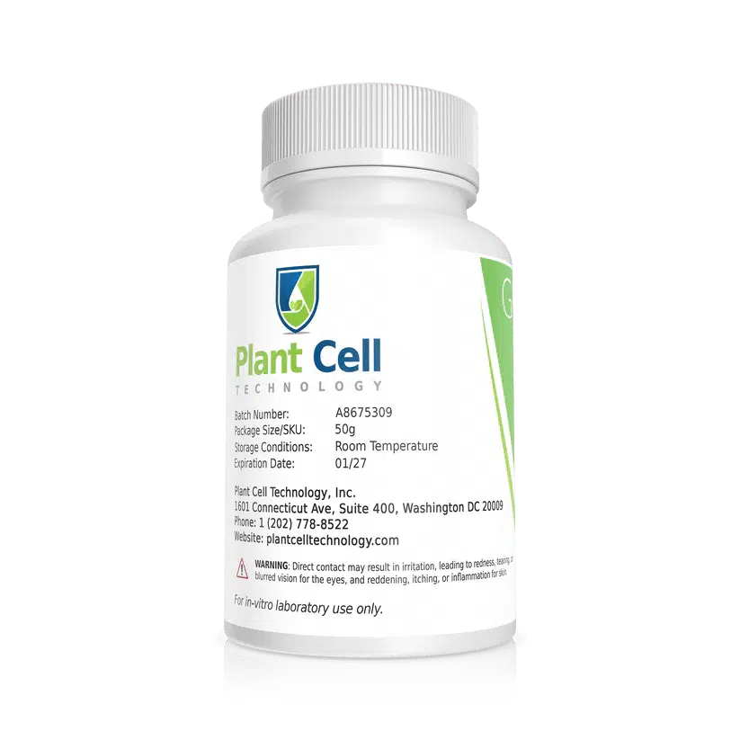 White bottle labelled Plant Cell Gellan Gum with contact details and a warning: for in-vitro laboratory use only.