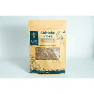 A brown bag labelled "Shiitake Mushroom Floss | Vegan" with a clear window displays the shredded contents inside.