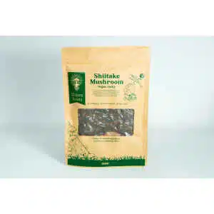 A brown bag of Elders Roots Shiitake Mushroom Floss | Vegan with a clear window and green text on the front.