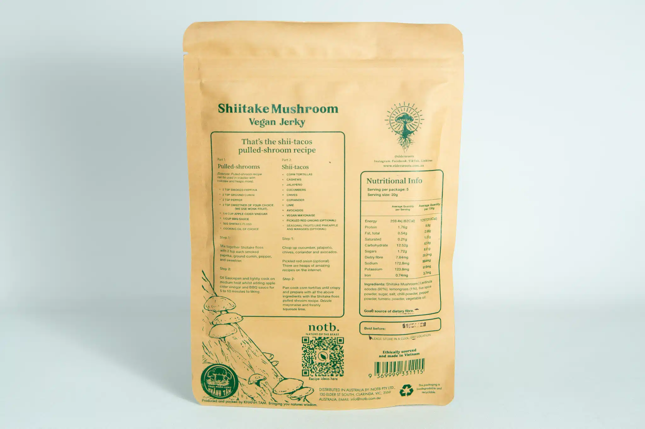 A brown parcel of Shiitake Mushroom Floss | Vegan featuring ingredients and nutrition facts printed in green.