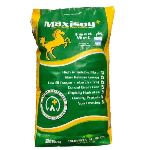 A 20kg Maxisoy Soya Hull Pellets Feed Wet bag for horses in yellow and green, featuring a horse graphic and product details.