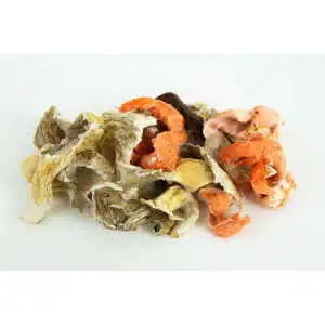 A pile of Dehydrated Oyster Mushroom in beige, orange, and brown shades on a white background.