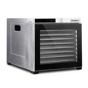 The Devanti 10 Trays Food Dehydrator Stainless Steel features a glass door and multiple mesh drying racks for efficient, even dehydration.