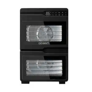 Black Devanti 12 Trays Food Dehydrator with dual-zone operation, stainless steel finish, transparent doors for each compartment, and digital display.