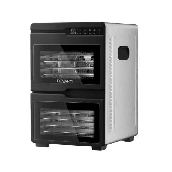 The Devanti 12 Trays Food Dehydrator Dual-Zone Stainless Steel features dual-zone control, two glass doors, and multiple drying trays.