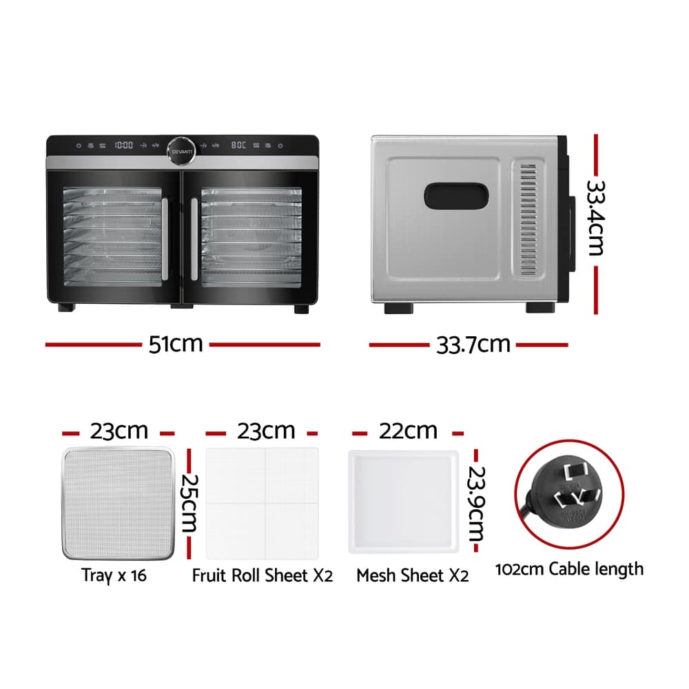 Devanti 16 Trays Food Dehydrator Dual-Zone Stainless Steel 3 Front and side view of the Devanti 16 Trays Food Dehydrator Dual-Zone Stainless Steel, showing trays, mesh sheets, accessories, and labelled dimensions.