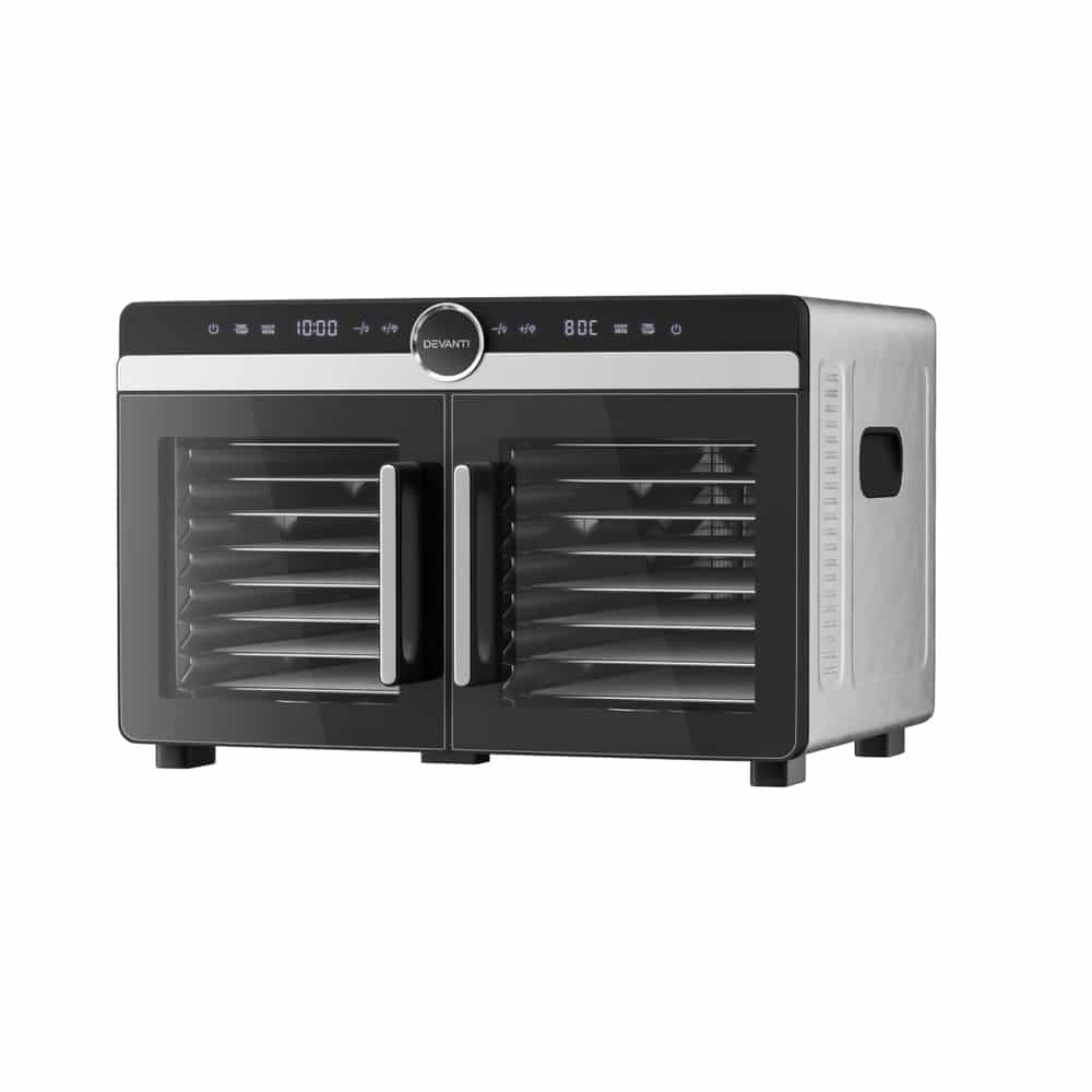 Devanti 16 Trays Food Dehydrator Dual-Zone Stainless Steel 2 The Devanti 16 Trays Food Dehydrator Dual-Zone Stainless Steel features double glass doors and a front digital display.