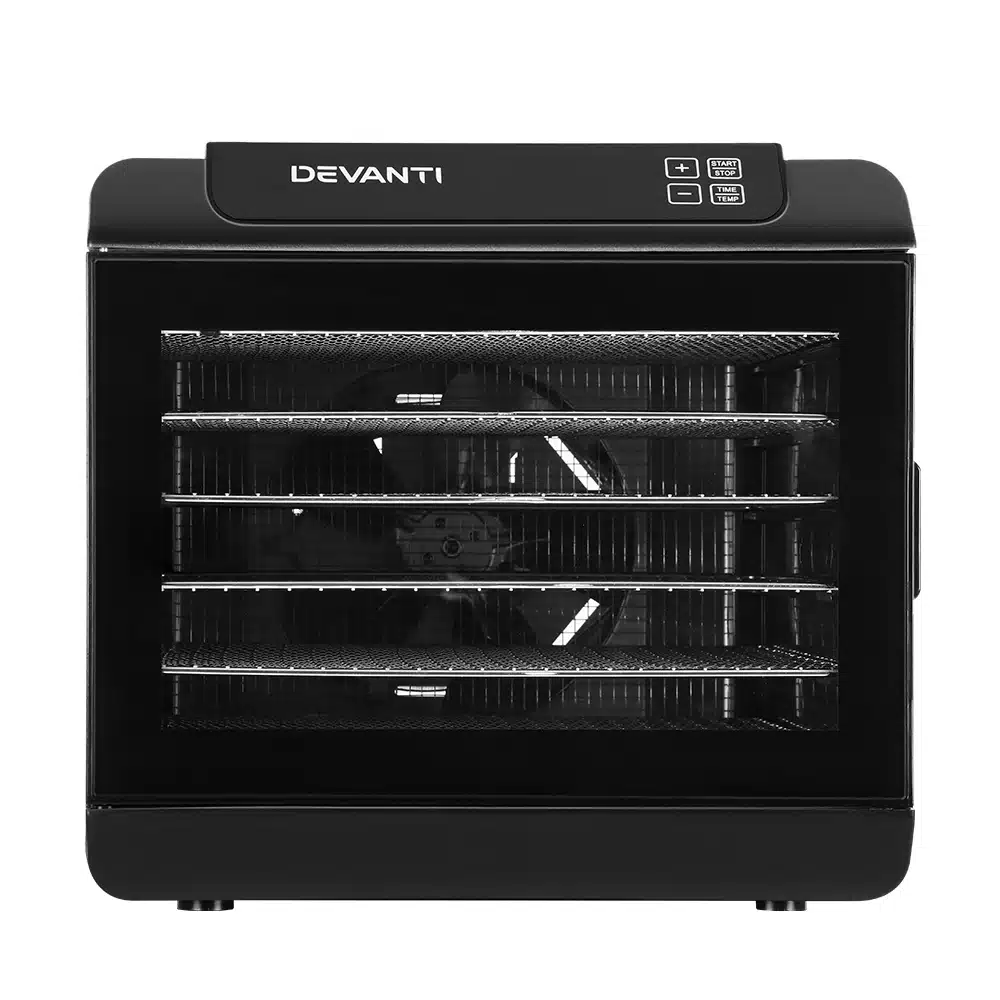 The Devanti 6 Trays Food Dehydrator features six stainless steel trays and a digital control panel, shown here in black with a front view.