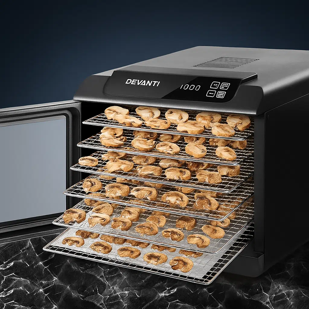 The Devanti 6 Trays Food Dehydrator with stainless steel trays is shown drying sliced mushrooms on a sleek black marble surface.
