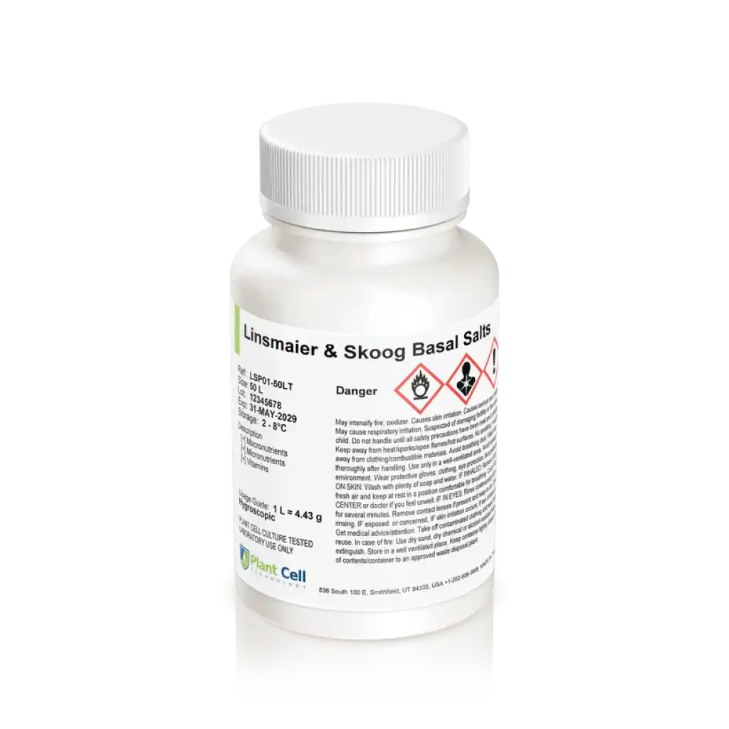 A white bottle labelled “Plant Cell Linsmaier & Skoog (LS) Basal Salts” displays hazard symbols and safety information, making it ideal for plant cell culture applications.