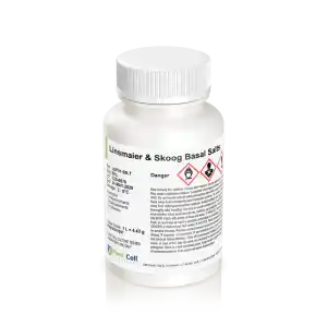A white bottle labelled “Plant Cell Linsmaier & Skoog (LS) Basal Salts” displays hazard symbols and safety information, making it ideal for plant cell culture applications.