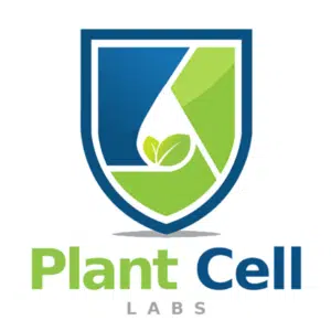 A blue and green shield logo with a leaf and water droplet, labelled Plant Cell Labs, represents innovation in plant science with products such as Lloyd & McCown's Woody Plant Basal Medium (WPM).