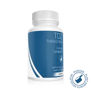 White bottle labelled "Thidiazuron (TDZ) 1g," a plant growth regulator, featuring chemical formula and purity info in a blue and white design.