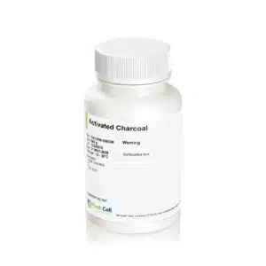 A white plastic bottle labelled Plantcell Activated Charcoal with a white cap is displayed against a white background.