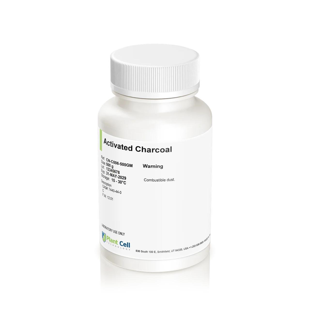 Plantcell Activated Charcoal 1 A white plastic bottle labelled Plantcell Activated Charcoal with a white cap is displayed against a white background.