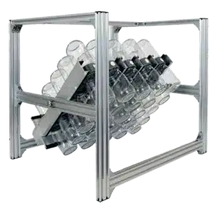 Mushroom Supplies-Hobart 11 Sturdy metal frame for Plant Cell BioTilt™ 25 holds multiple glass bottles at an angle, ideal for lab or industrial use in plant cell research.