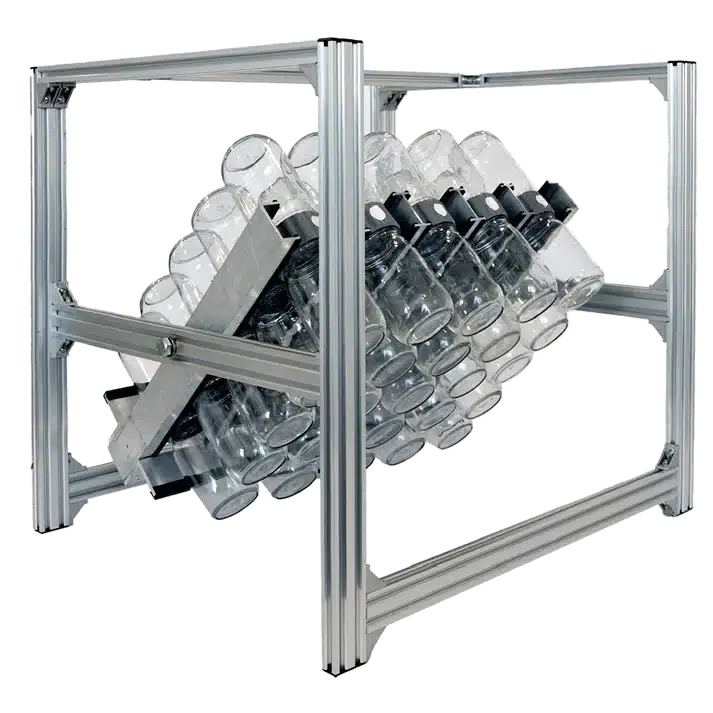 Plant Cell BioTilt™ 25 1 Sturdy metal frame for Plant Cell BioTilt™ 25 holds multiple glass bottles at an angle, ideal for lab or industrial use in plant cell research.
