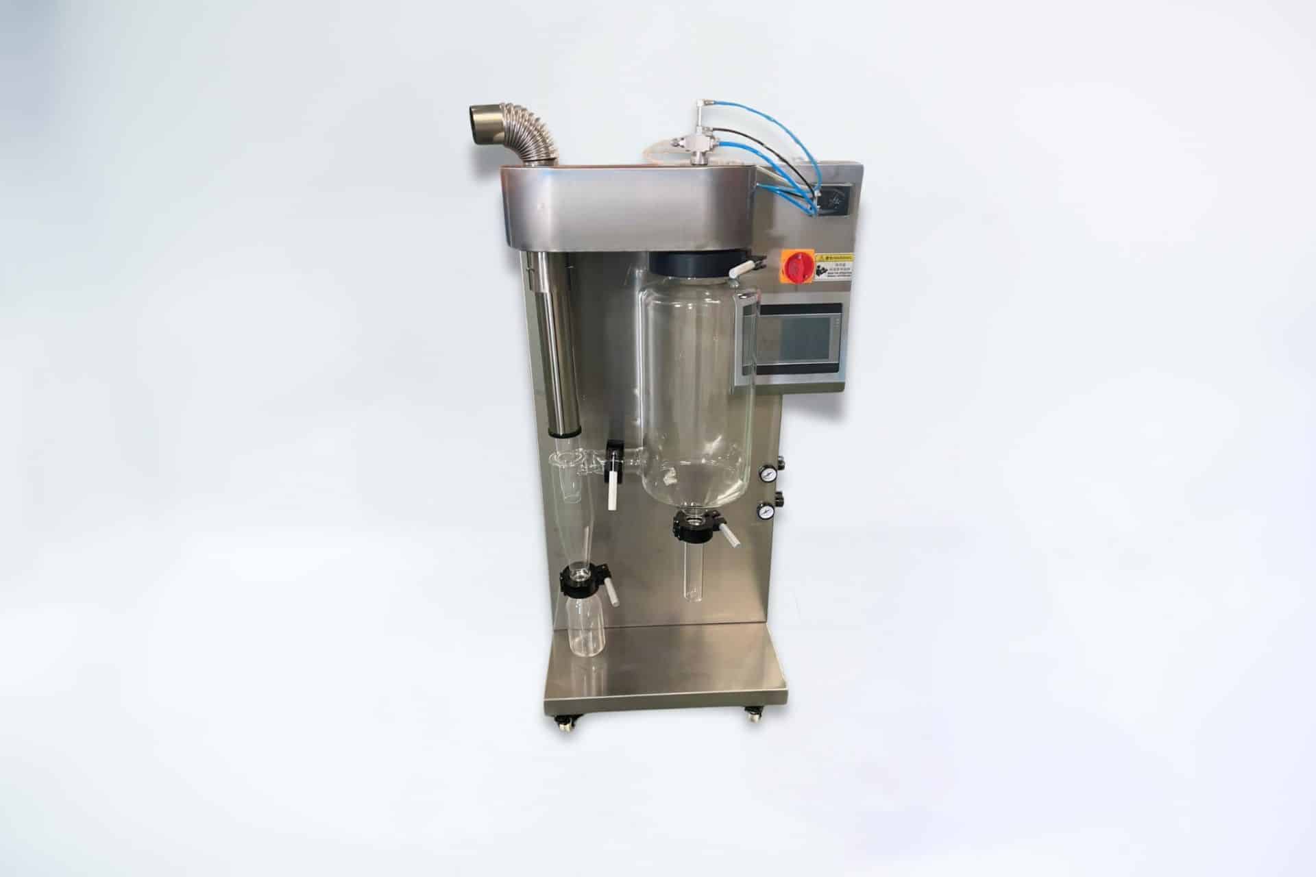 Spray Dryer 2L Glass 1 The Spray Dryer 2L Glass features a 2L glass chamber, user-friendly control panel, and a durable metal base with wheels for easy manoeuvrability.