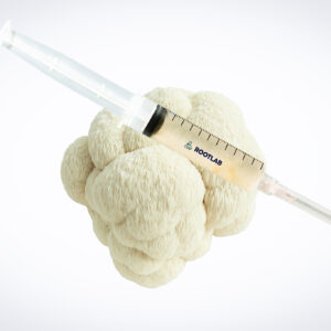 A syringe filled with liquid rests on top of a head of cauliflower against a white background.