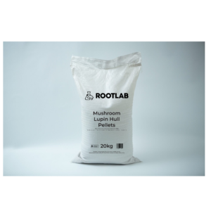 A 20kg white bag labelled Rootlab Lupin Hull Pellets 100% Non-GM Australian Grown stands on a plain light background.