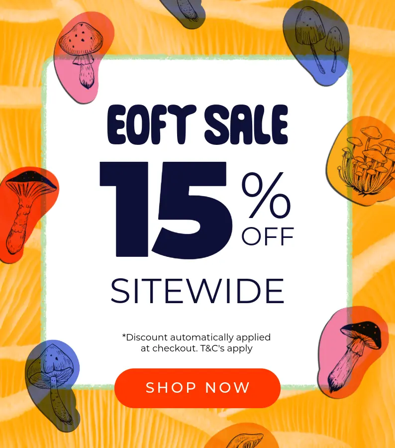 EOFY sale: 15% off sitewide on Mushroom Supplies Australia, with colourful mushrooms around the text. Orange Shop Now button at the bottom.