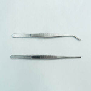 Melbourne 12 Two stainless steel Plant Tissue Culture Lab Forceps, one with a straight tip and one with a curved tip (15 cm each), are shown on a plain light background. These forceps are ideal for precise handling in various laboratory applications.