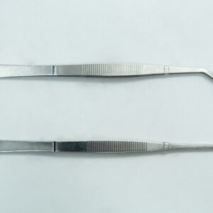 Home 19 Two metal tweezers, one with a curved tip and one with a straight tip, on a plain light background.