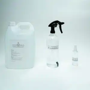 Three clear bottles of varying sizes with white labels, containing Hypochlorous Acid (HOCL) | PPM 40 for cleaning, displayed on a plain white background.