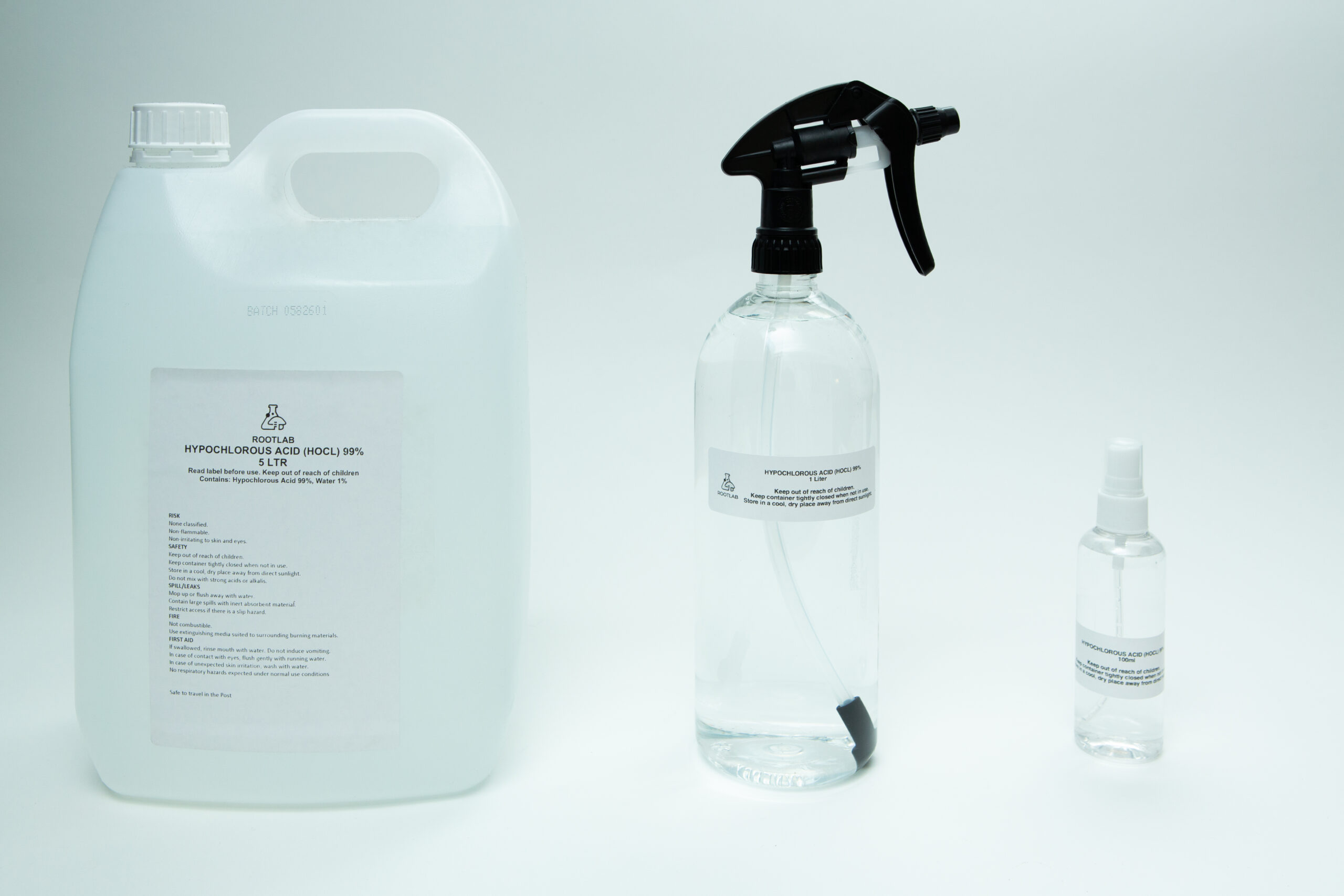 Hypochlorous Acid (HOCL) | PPM 40 1 Three clear spray-top containers in varying sizes, each labelled "Hypochlorous Acid (HOCL) | PPM 40," are displayed on a white background.