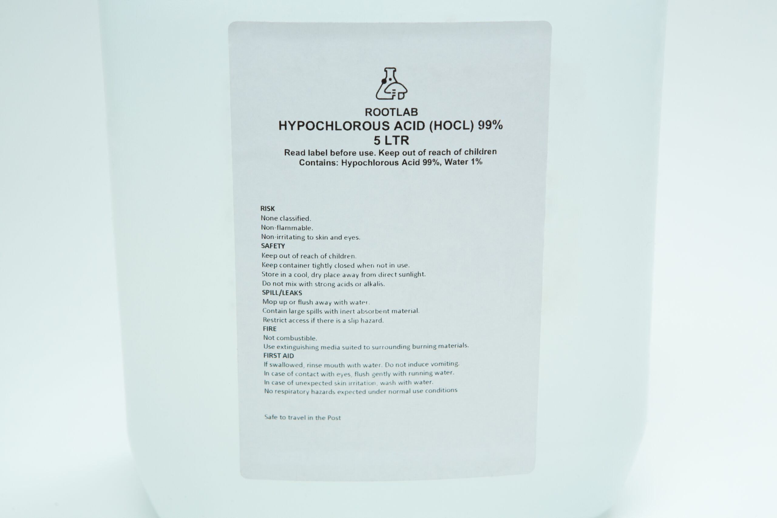Hypochlorous Acid (HOCL) | PPM 40 3 A 5-litre container labelled Hypochlorous Acid (HOCl) | PPM 40, featuring clear safety and risk information, is ideal for preparing solutions at 40 parts per million as needed.