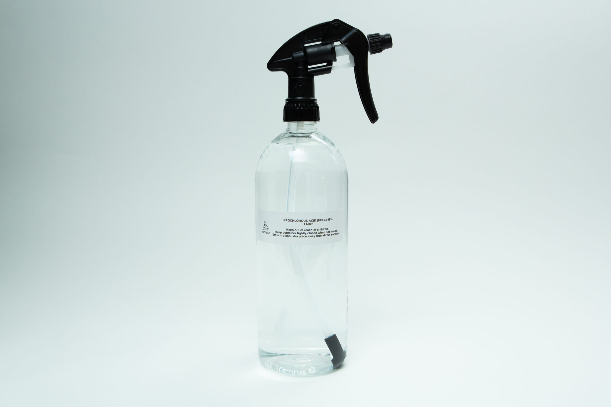 Hypochlorous Acid (HOCL) | PPM 40 4 A clear spray bottle with a black trigger nozzle, containing Hypochlorous Acid (HOCL) | PPM 40, set against a plain white background.