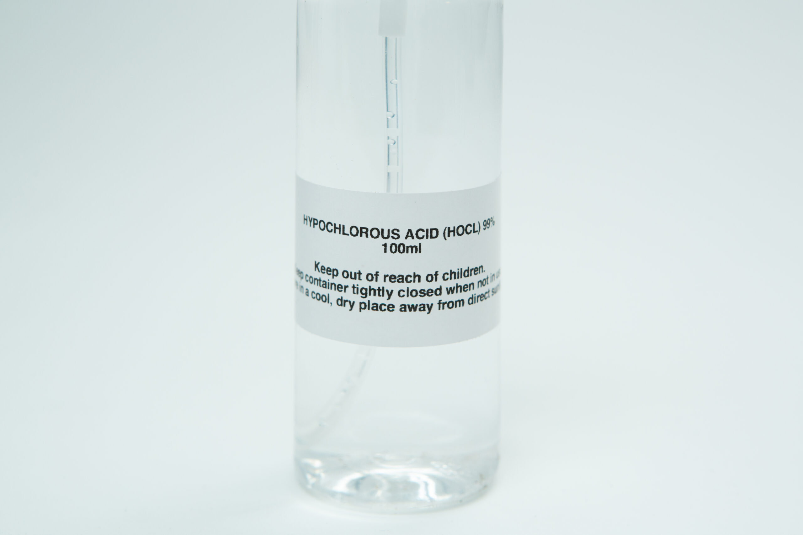 Hypochlorous Acid (HOCL) | PPM 40 7 A clear 100ml bottle labelled "Hypochlorous Acid (HOCL) | PPM 40," complete with safety instructions, is displayed on a white background.