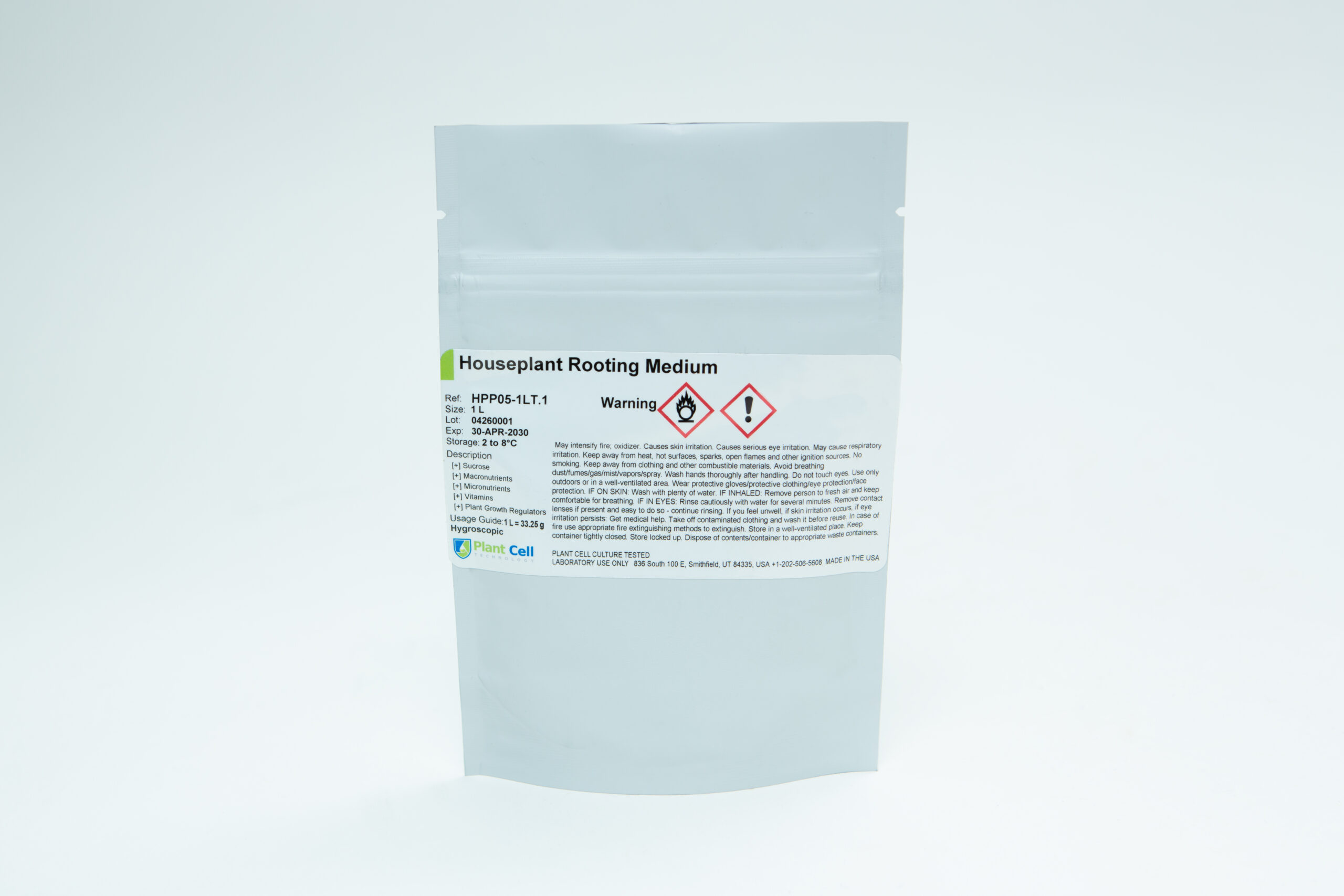 Plant Cell Multiplication and Rooting Medium 2 A white pouch labelled Houseplant Rooting Medium with warning symbols and detailed instructions.