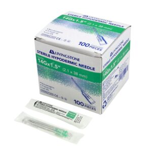 Home 14 Box and packets of Livingstone sterile hypodermic needles, 14Gx1.5, 100 pieces, shown on a white background.