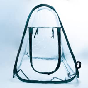 A transparent pop-up tent with a black frame, shown against a plain white background.