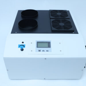 Home 17 White electronic device with two vents, control panel, two fan grilles, and a visible power lead on the right.