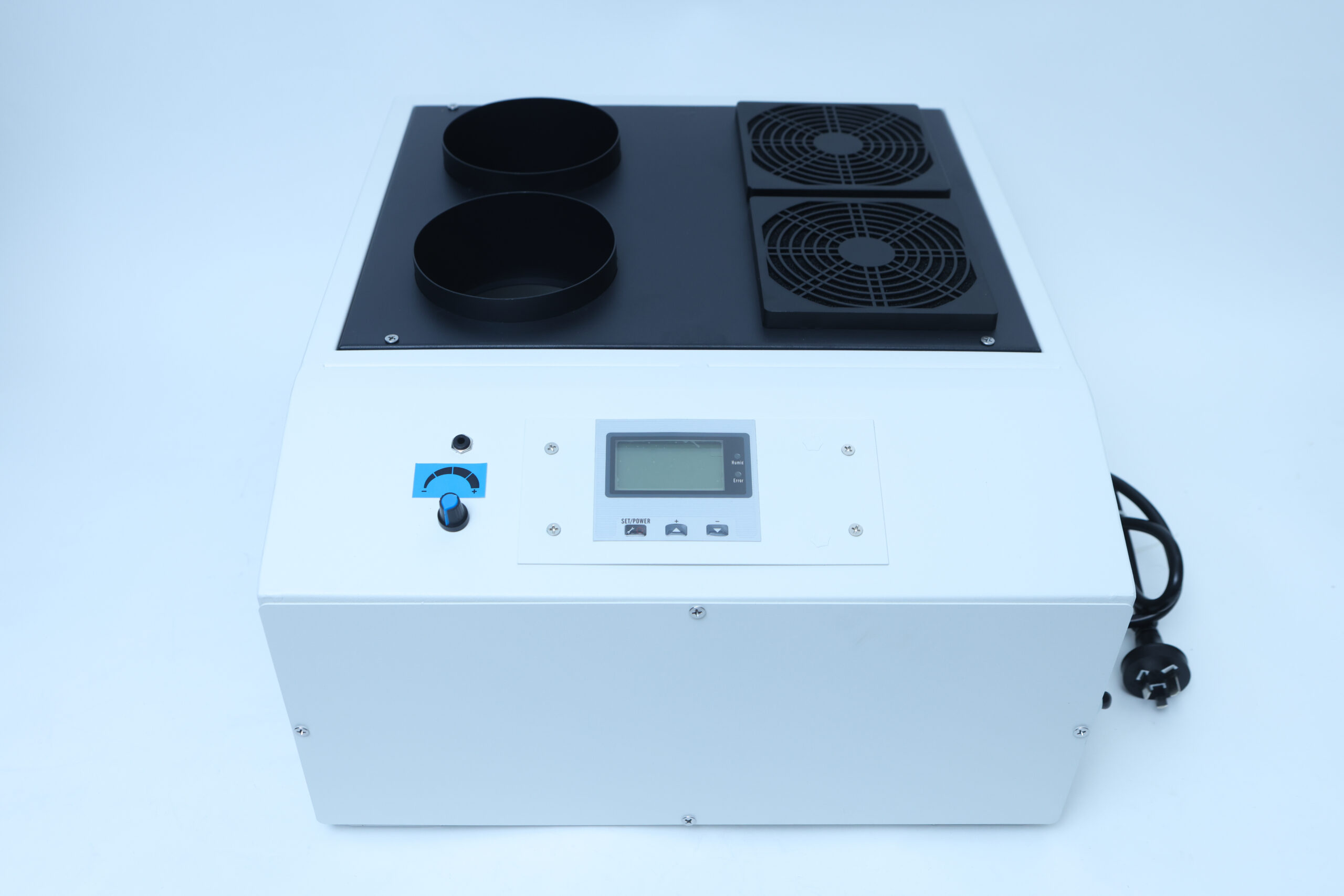 Industrial Heavy duty Ultrasonic Fogger 15L/H, Humidifier (AU 220V) 1 White electronic device with two vents, control panel, two fan grilles, and a visible power lead on the right.